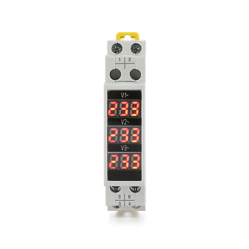 DIN Rail 3 Phase Voltage Meter with bright LED digital display mounted in a control panel