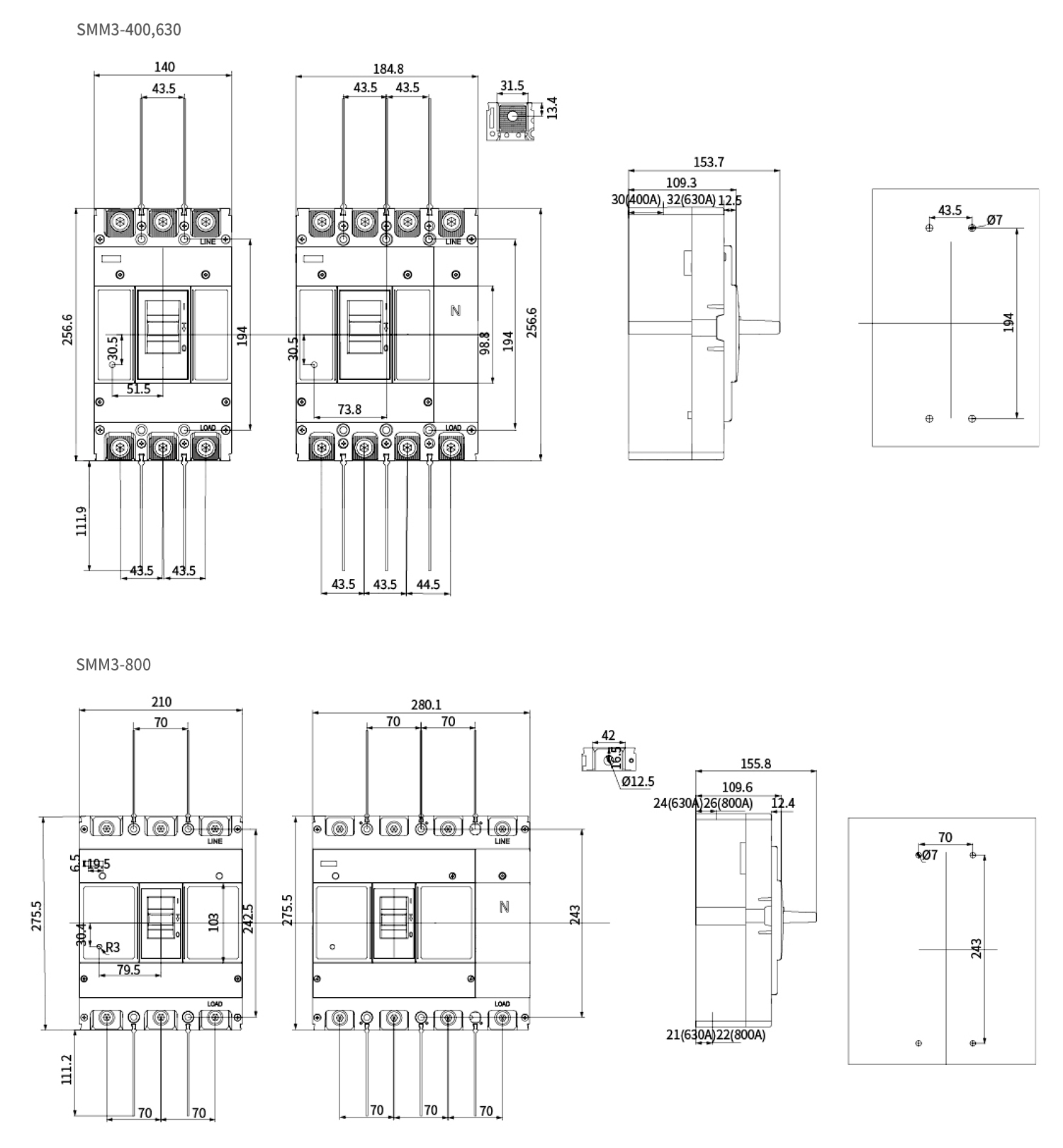 Exterior Dimensions for 400-800 Frame Size