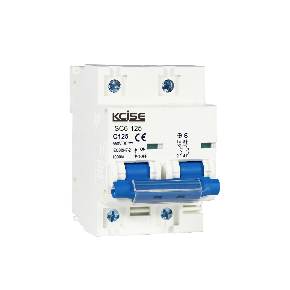 Side view of SC6-125 DC miniature circuit breaker highlighting DIN rail mounting and U-tunnel terminals