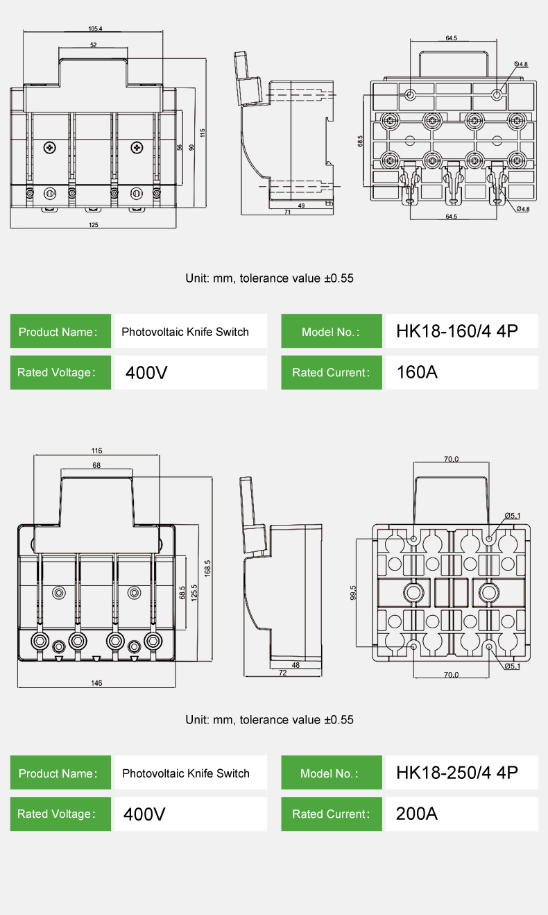 Dimensional Drawing and Wiring Configuration for HK18 PV Isolator